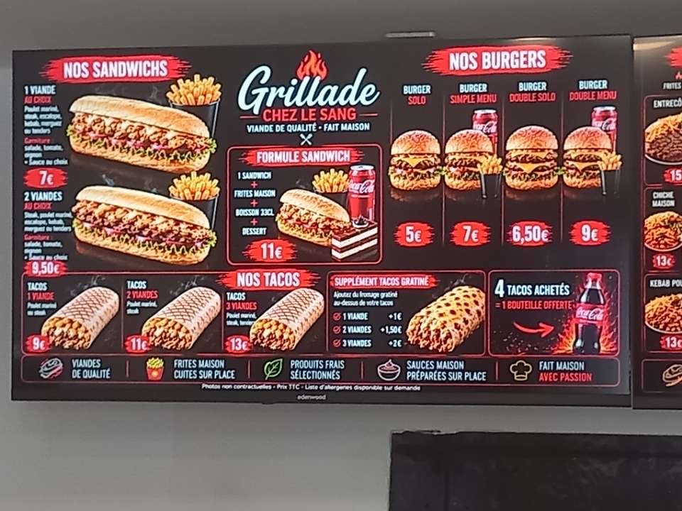 Menu Sandwichs, Burgers & Tacos